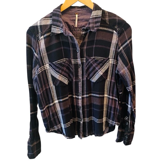 Free People Wesley Plaid Shirt Black and Gray - Picture 3 of 8